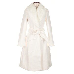 Miss Selfridge Belted Wrap Coat with Faux Fur Collar in Cream